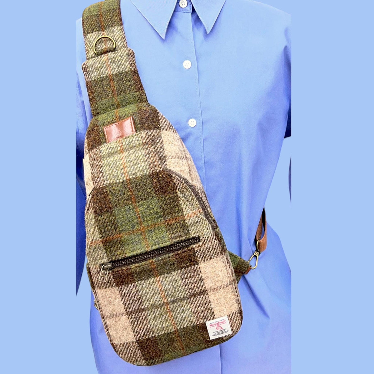 Harris Tweed Retro Sling Crossbody Purse Beige Olive Brown