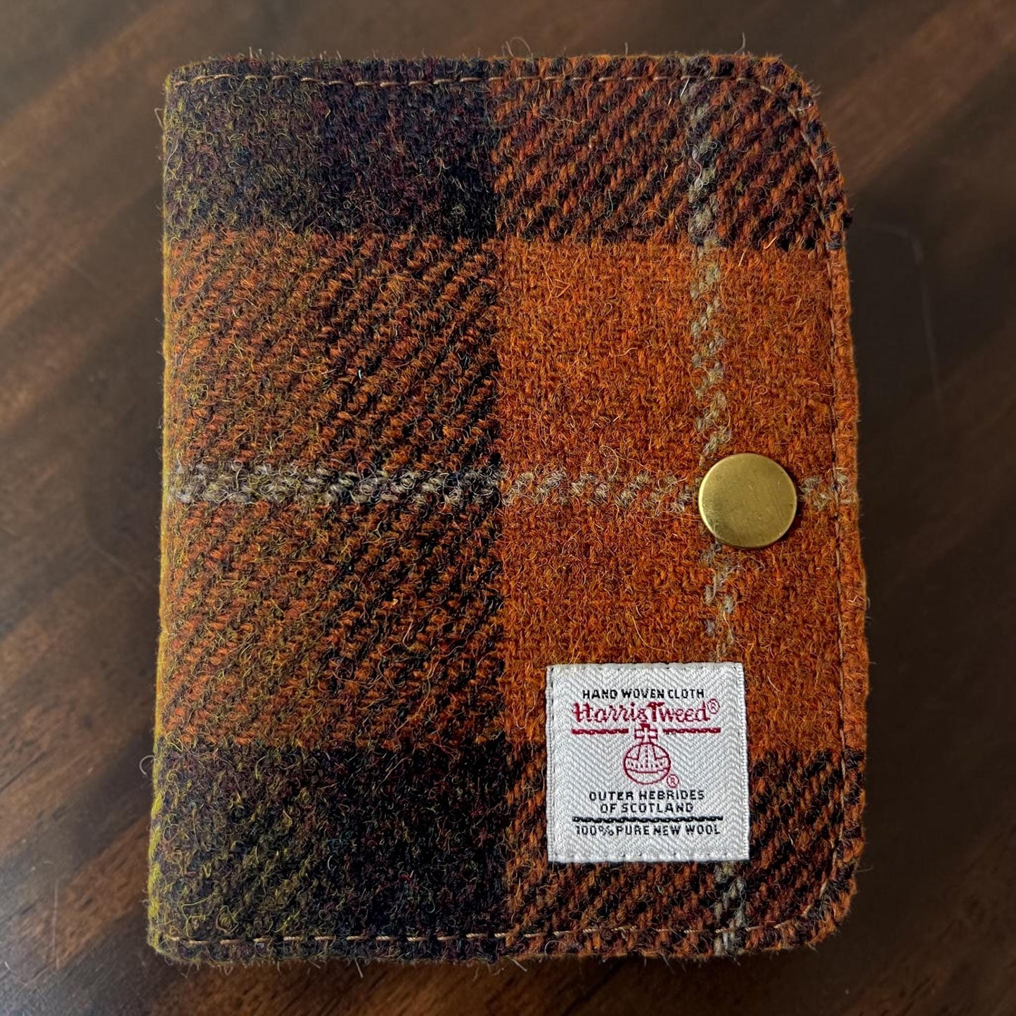 Harris Tweed Passport Cover with Credit Card Slots With Snap Closure Rust Orange Brown