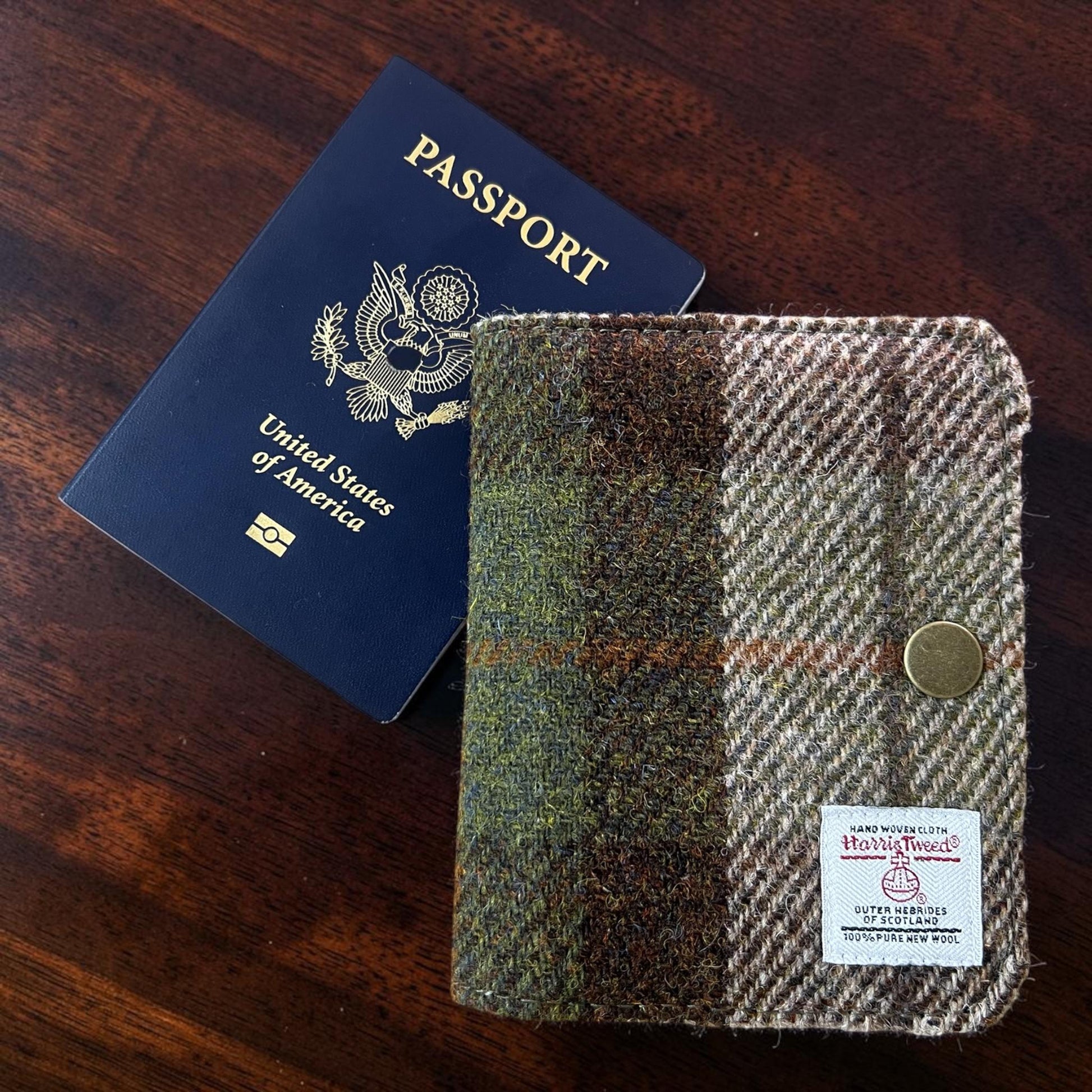 Harris Tweed Passport Cover with Credit Card Slots With Snap Closure Beige Olive Brown