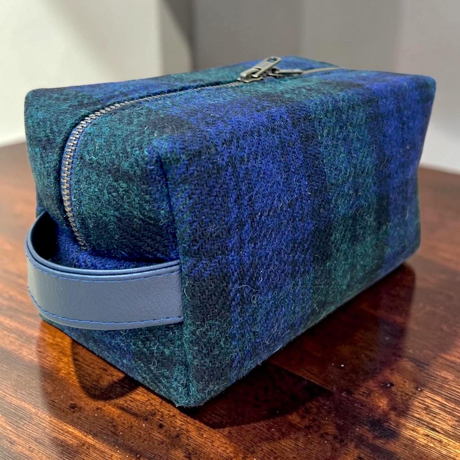 Men's Harris Tweed Dopp Kit, Minimalist Wool Travel Toiletry Bag, Blackwatch Tartan