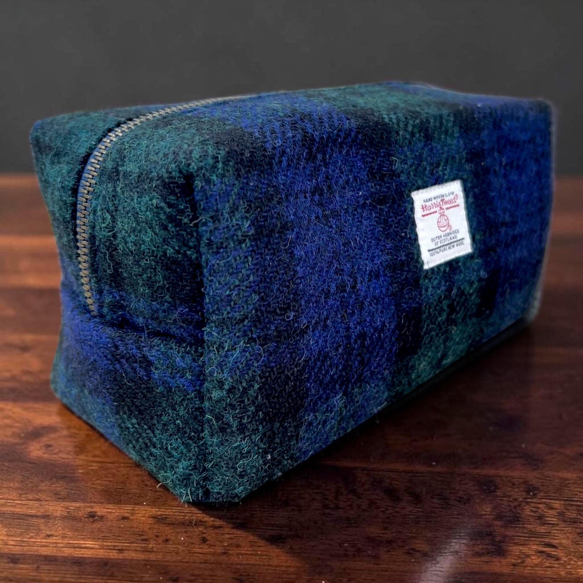 Men's Harris Tweed Dopp Kit, Minimalist Wool Travel Toiletry Bag, Blackwatch Tartan
