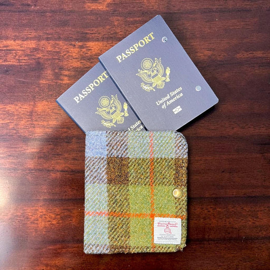 Harris Tweed Passport Cover with Credit Card Slots Macleod Blue Olive Brown