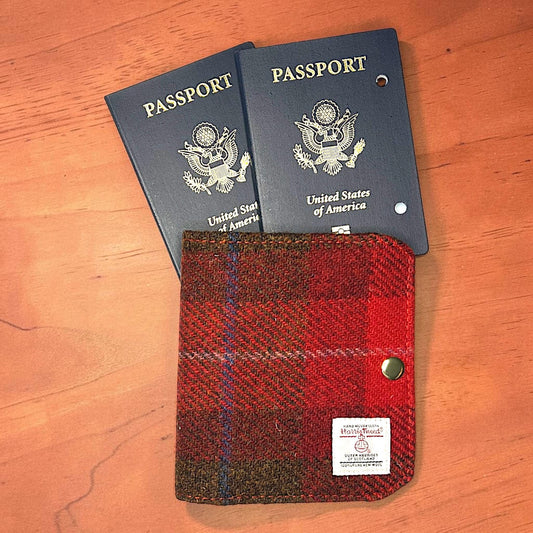 Harris Tweed Passport Cover with Credit Card Slots Red Brown