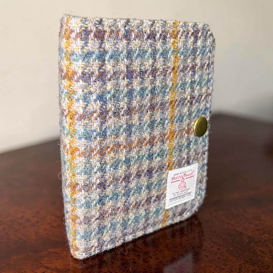 Harris Tweed Passport Cover with Credit Card Slots With Snap Closure Gray, Blue, Yellow