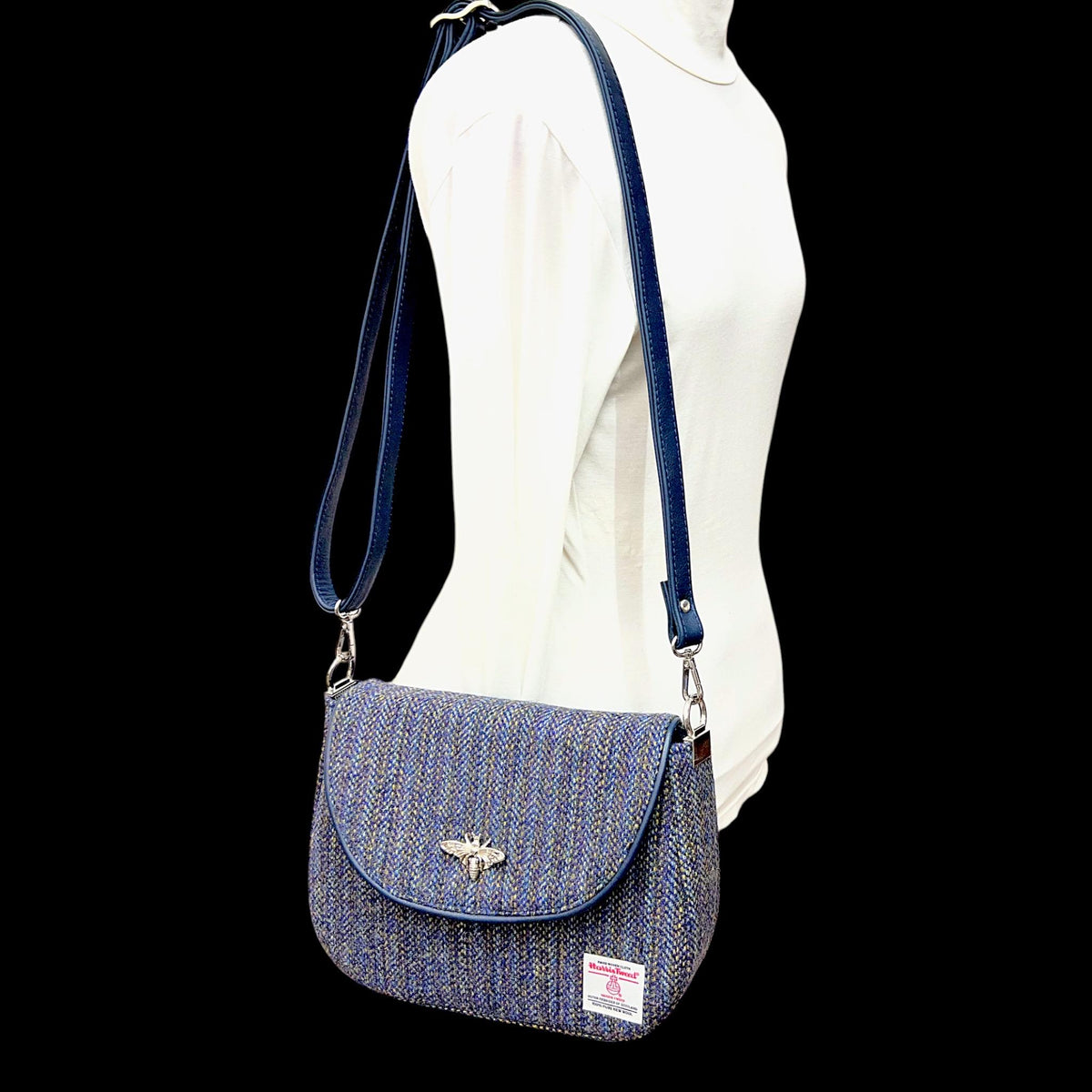 Harris Tweed Saddle Bag Crossbody, Navy Indigo Stripe with Bee Clasp