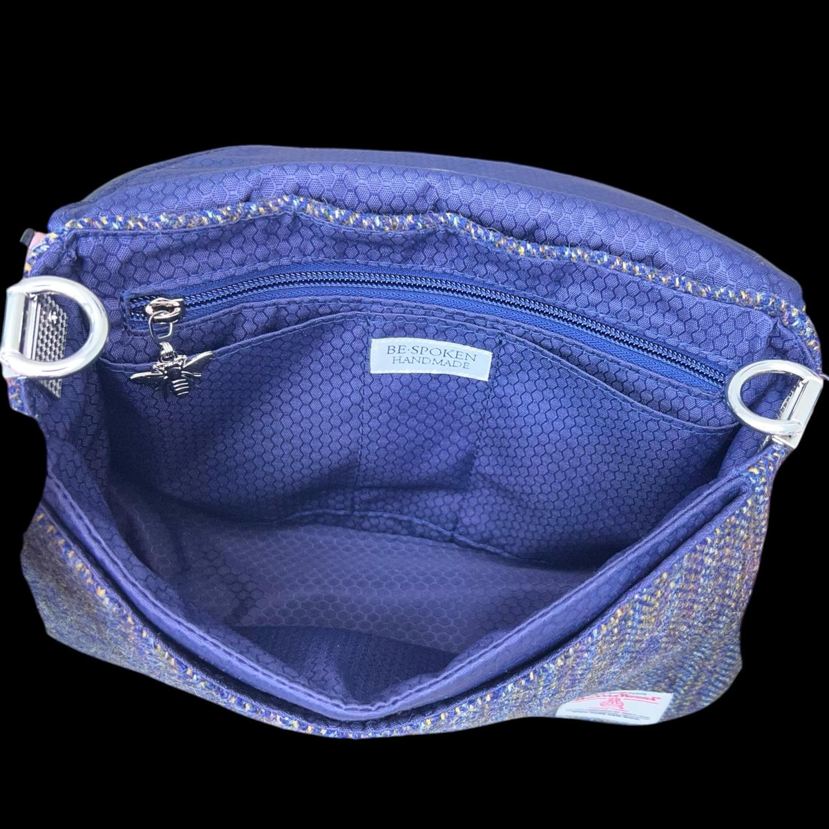 Harris Tweed Saddle Bag Crossbody, Navy Indigo Stripe with Bee Clasp