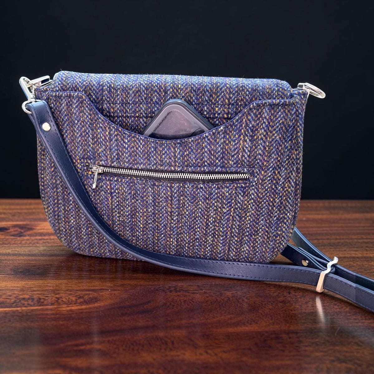 Harris Tweed Saddle Bag Crossbody, Navy Indigo Stripe with Bee Clasp