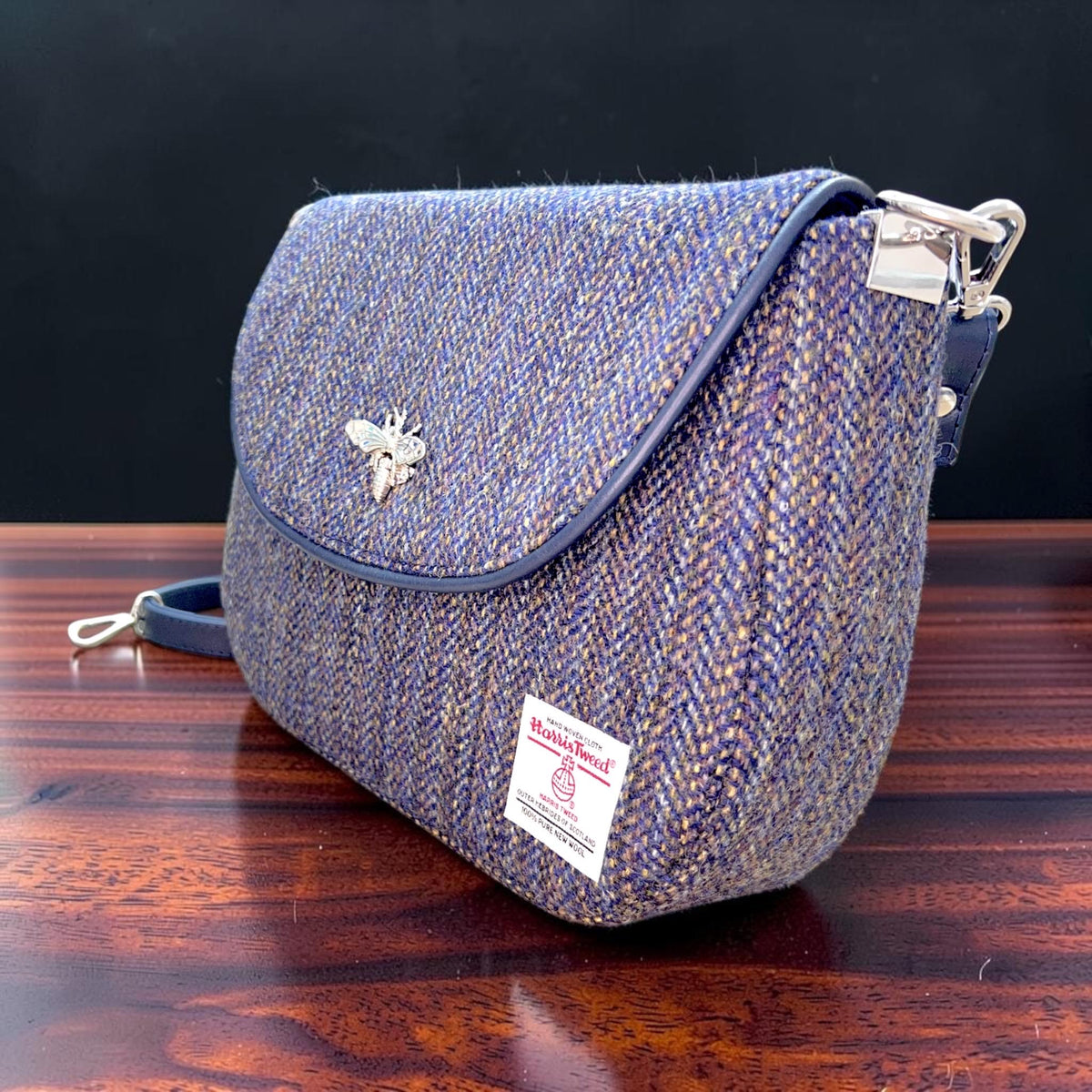 Harris Tweed Saddle Bag Crossbody, Navy Indigo Stripe with Bee Clasp