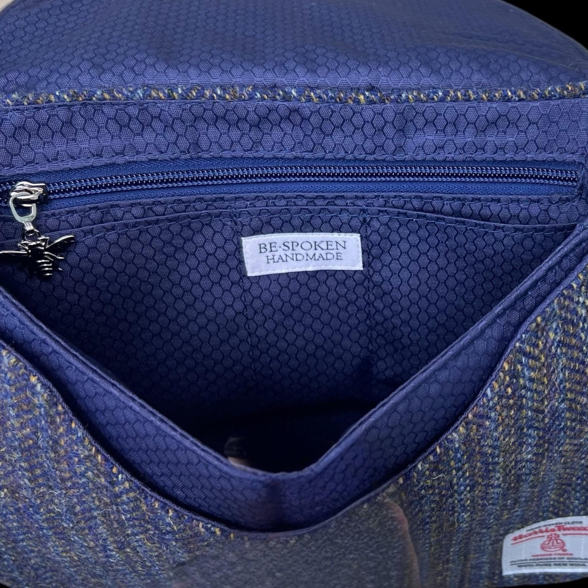Harris Tweed Saddle Bag Crossbody, Navy Indigo Stripe with Bee Clasp