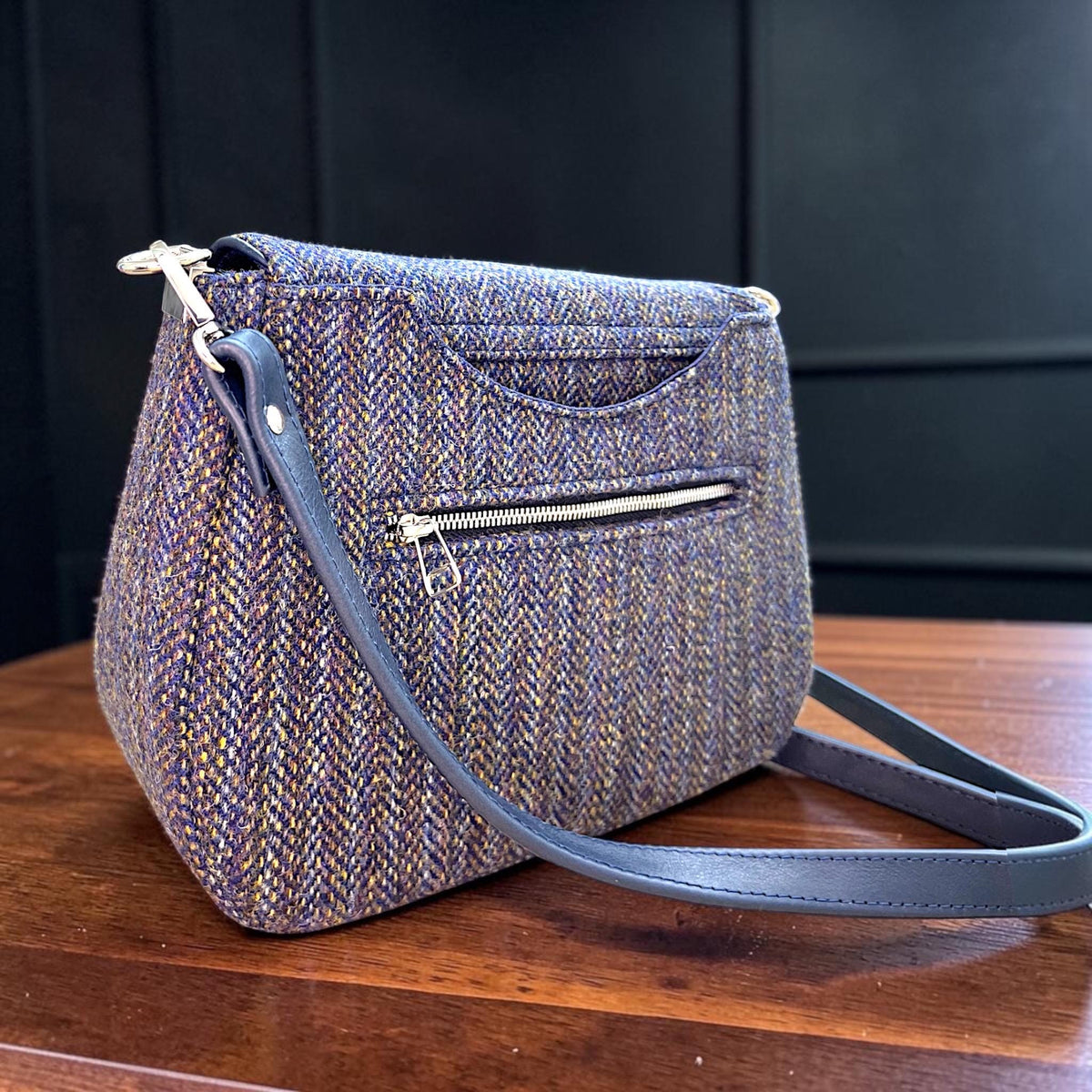 Harris Tweed Saddle Bag Crossbody, Navy Indigo Stripe with Bee Clasp