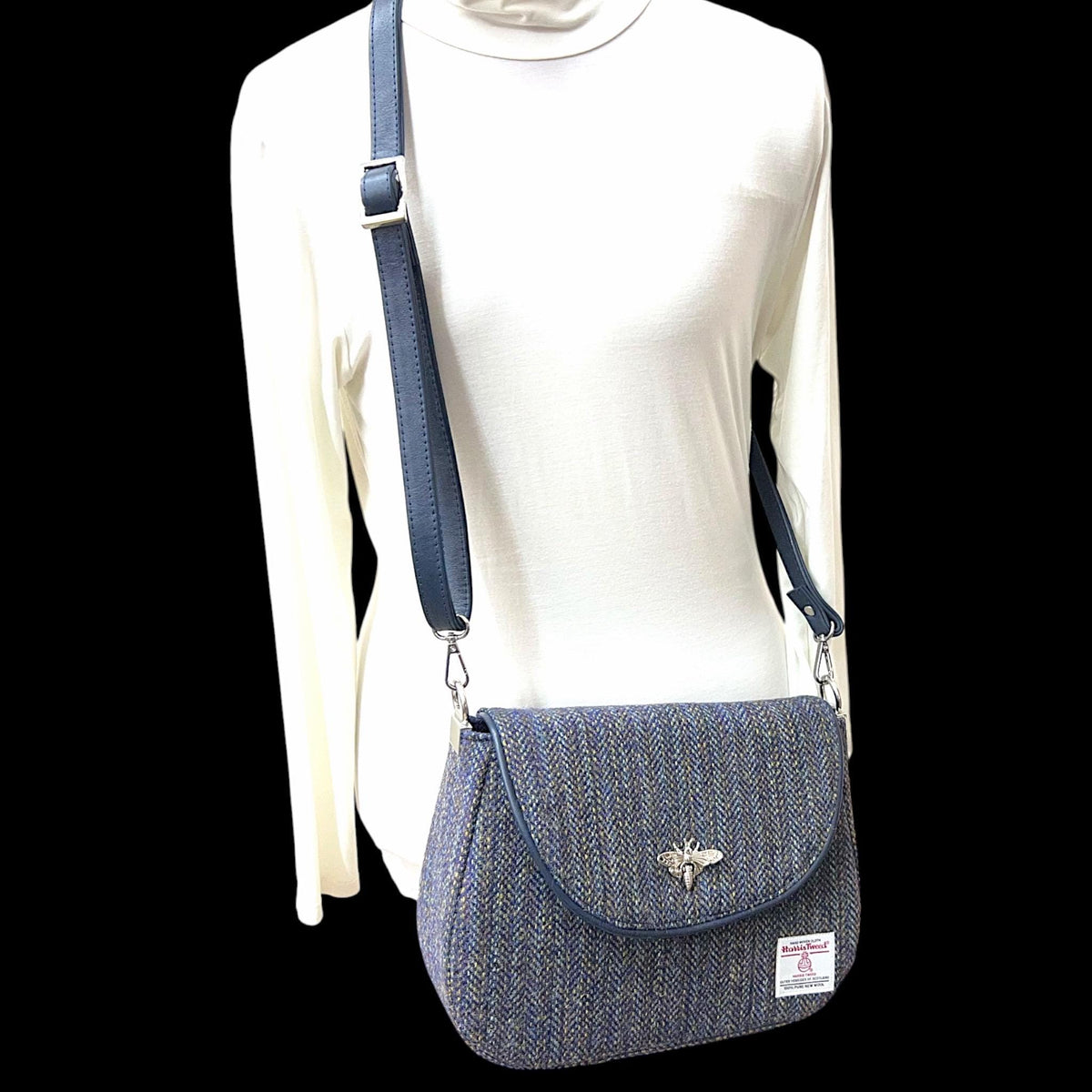 Harris Tweed Saddle Bag Crossbody, Navy Indigo Stripe with Bee Clasp