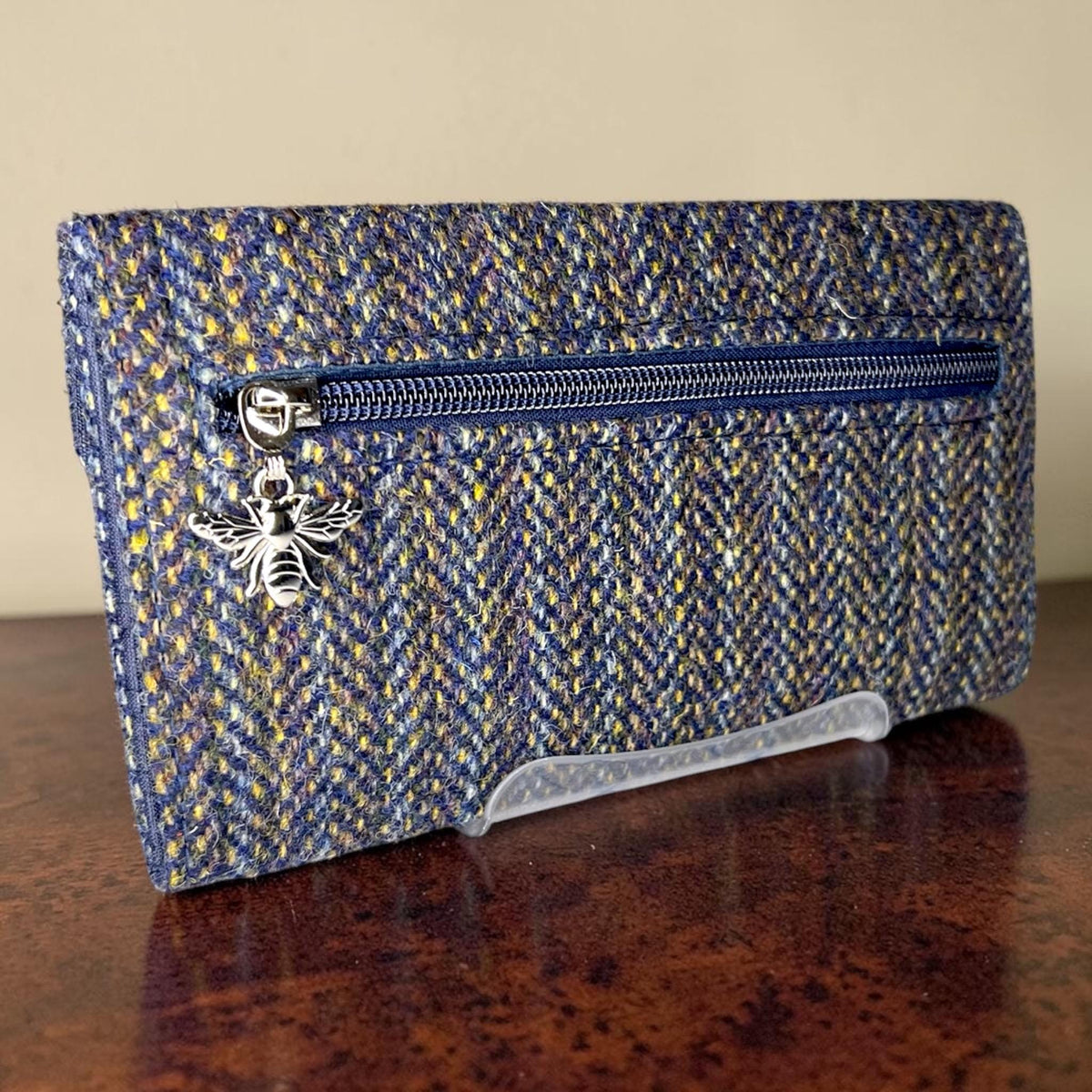 Trifold Harris Tweed Navy Indigo Stripe Wallet with Zippered Pocket