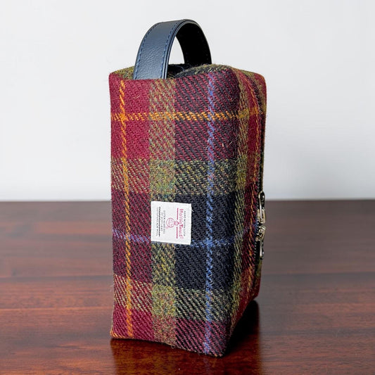 Men's Harris Tweed Dopp Kit, Minimalist Wool Travel Toiletry Bag, Black, Olive, Burgundy