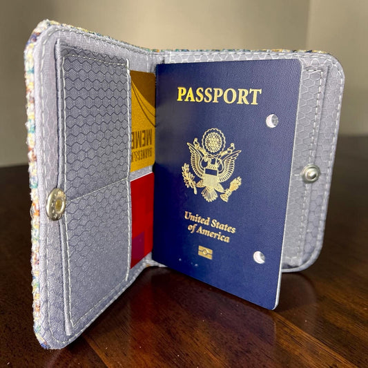 Harris Tweed Passport Cover with Credit Card Slots With Snap Closure Gray, Blue, Yellow