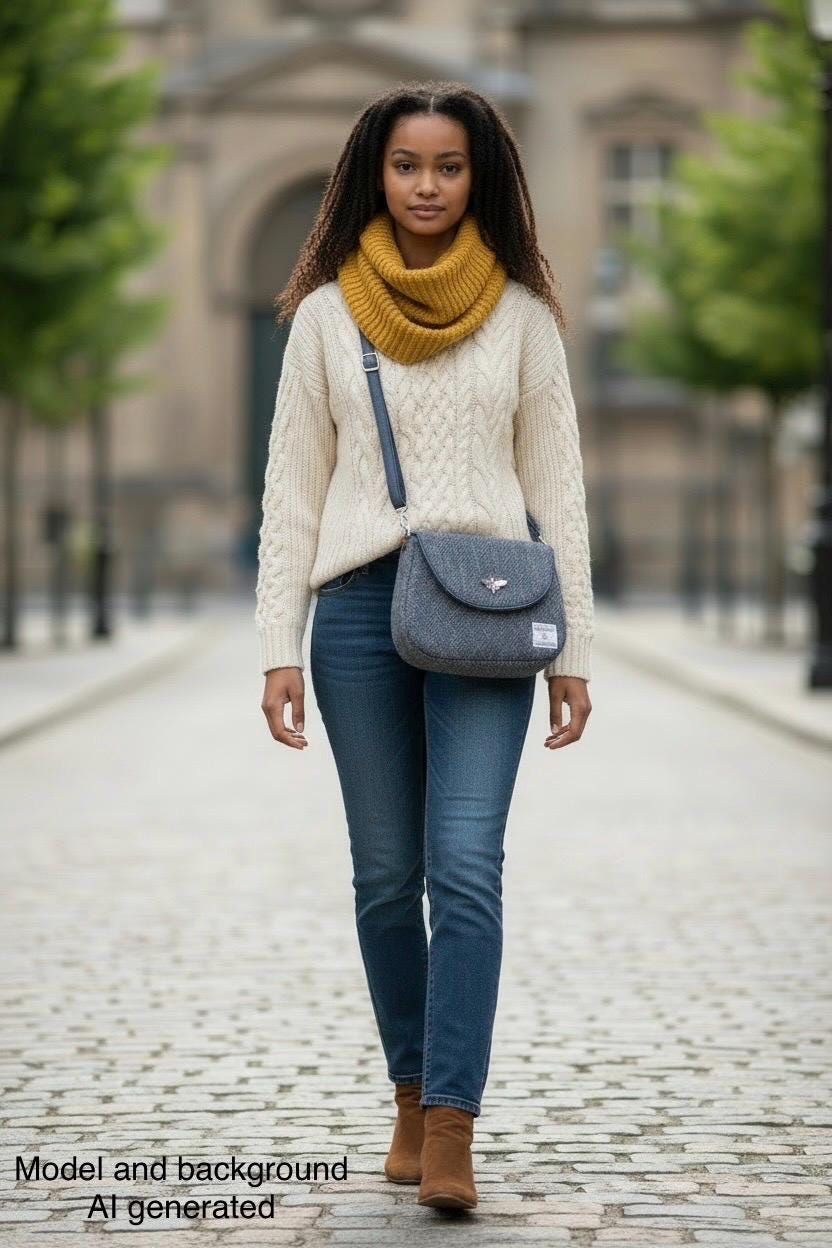 Harris Tweed Saddle Bag Crossbody, Navy Indigo Stripe with Bee Clasp