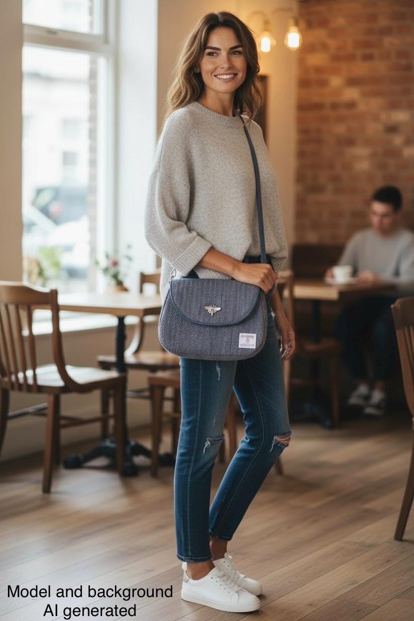 Harris Tweed Saddle Bag Crossbody, Navy Indigo Stripe with Bee Clasp