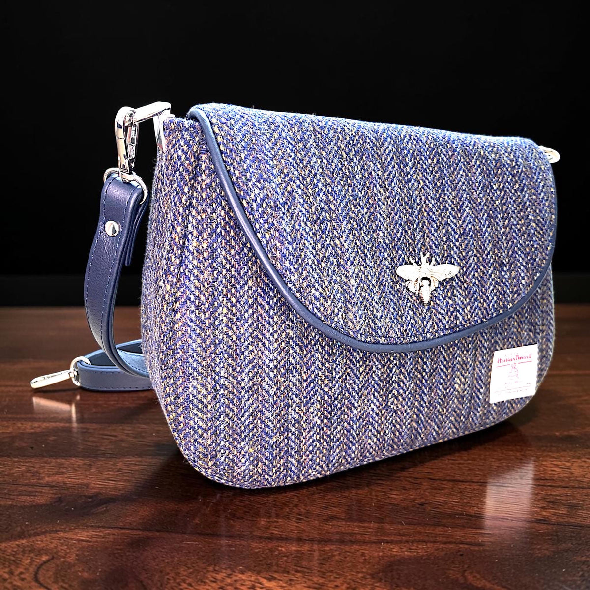 Harris Tweed Saddle Bag Crossbody, Navy Indigo Stripe with Bee Clasp
