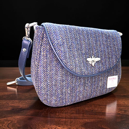 Harris Tweed Saddle Bag Crossbody, Navy Indigo Stripe with Bee Clasp