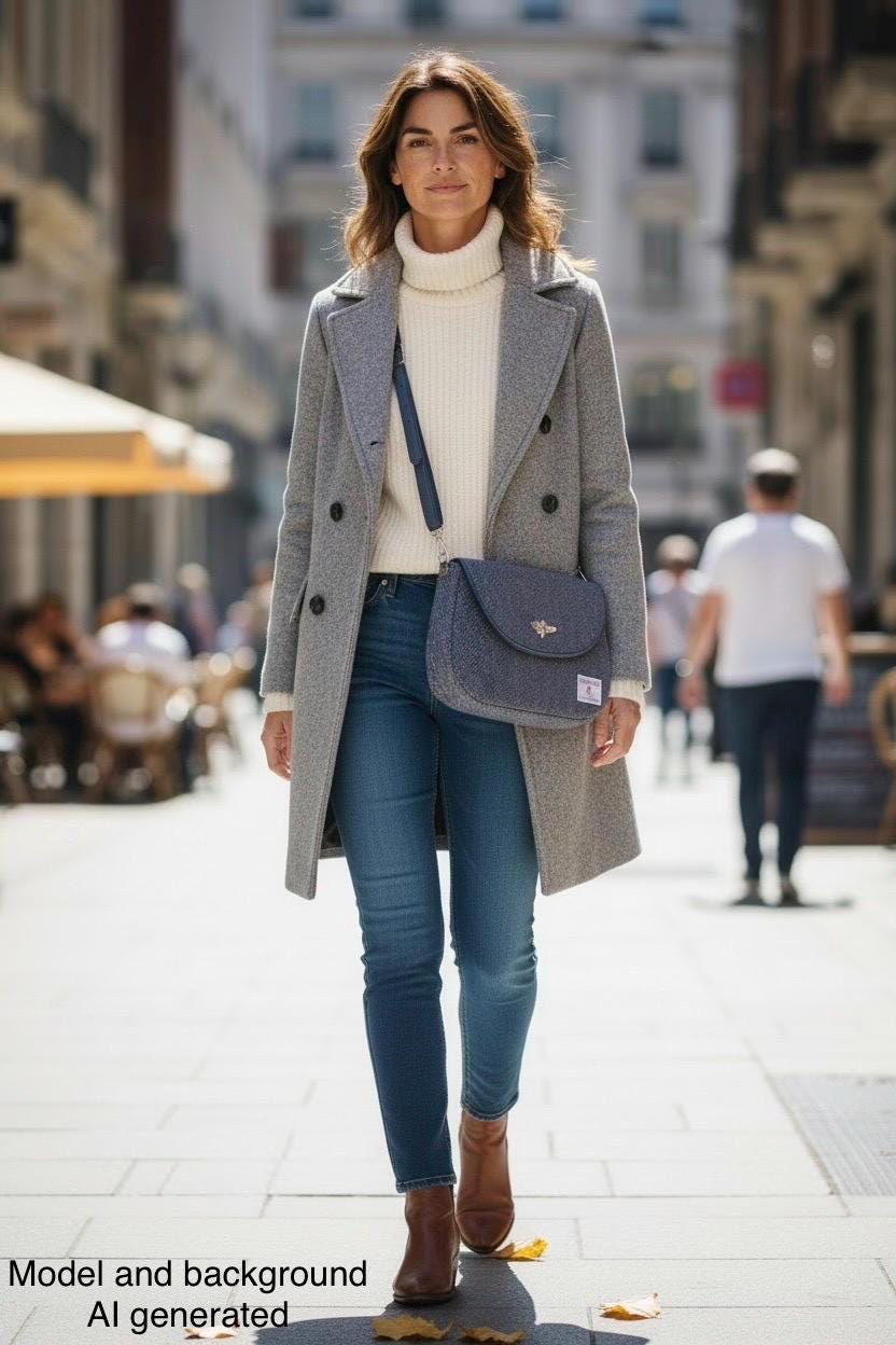 Harris Tweed Saddle Bag Crossbody, Navy Indigo Stripe with Bee Clasp