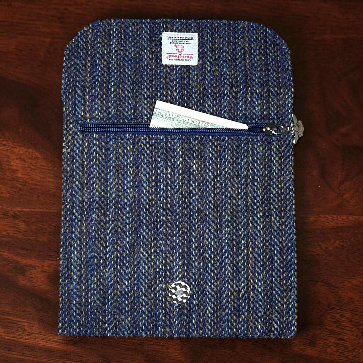 Trifold Harris Tweed Navy Indigo Stripe Wallet with Zippered Pocket