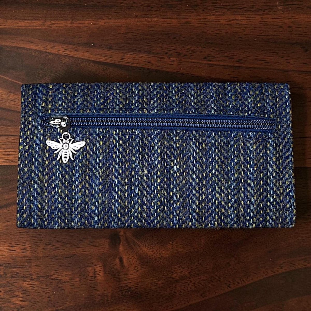 Trifold Harris Tweed Navy Indigo Stripe Wallet with Zippered Pocket