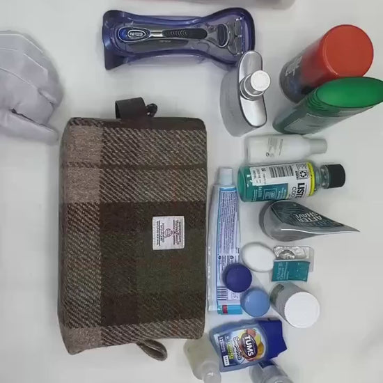 Men's Harris Tweed Dopp Kit, Minimalist Wool Travel Toiletry Bag, Blackwatch Tartan