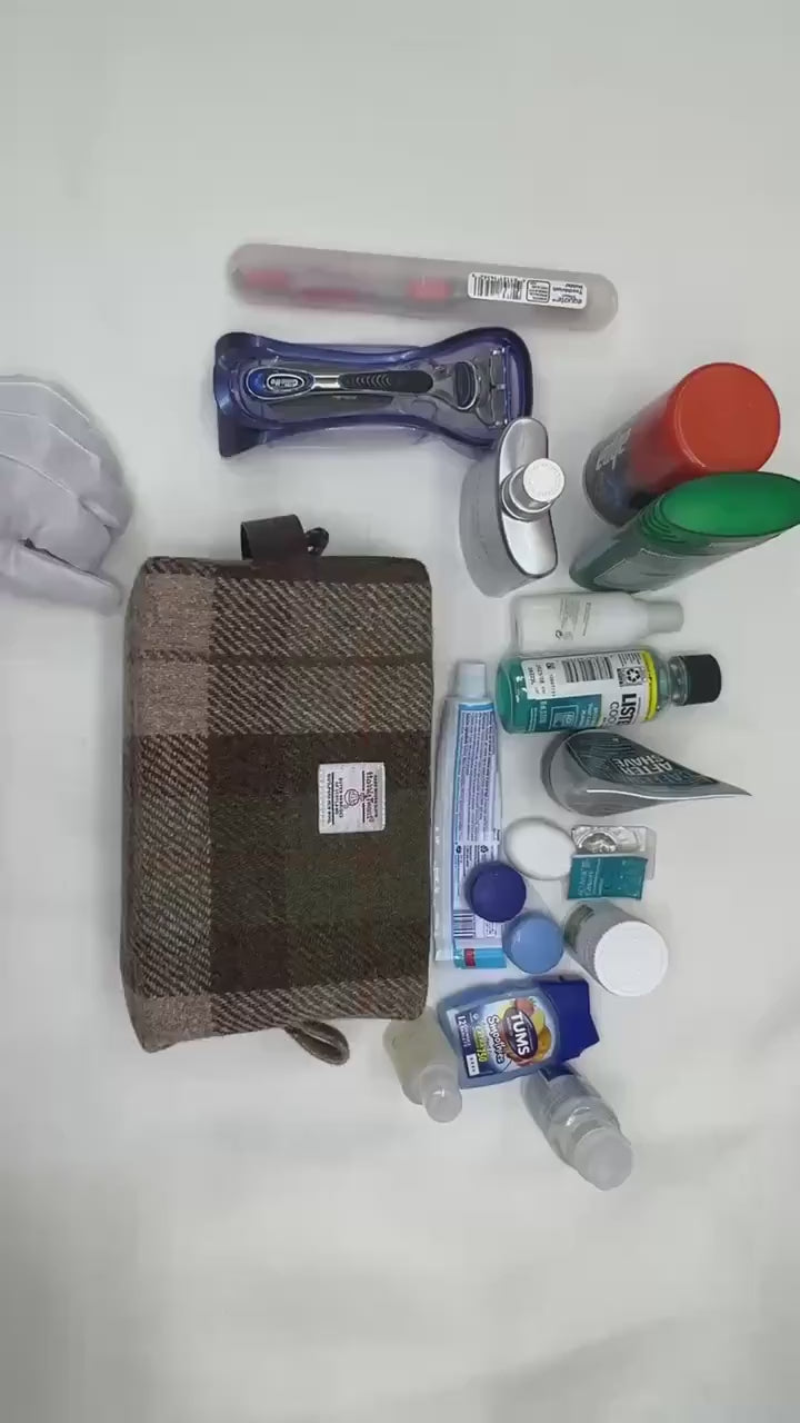 Men's Harris Tweed Dopp Kit, Minimalist Wool Travel Toiletry Bag, Blackwatch Tartan