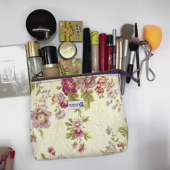 Floral Quilted Zipper Pouch | Handmade Cotton Blend Makeup Bag | Vintage Botanical Cosmetic Bag | Be•Spoken Handmade