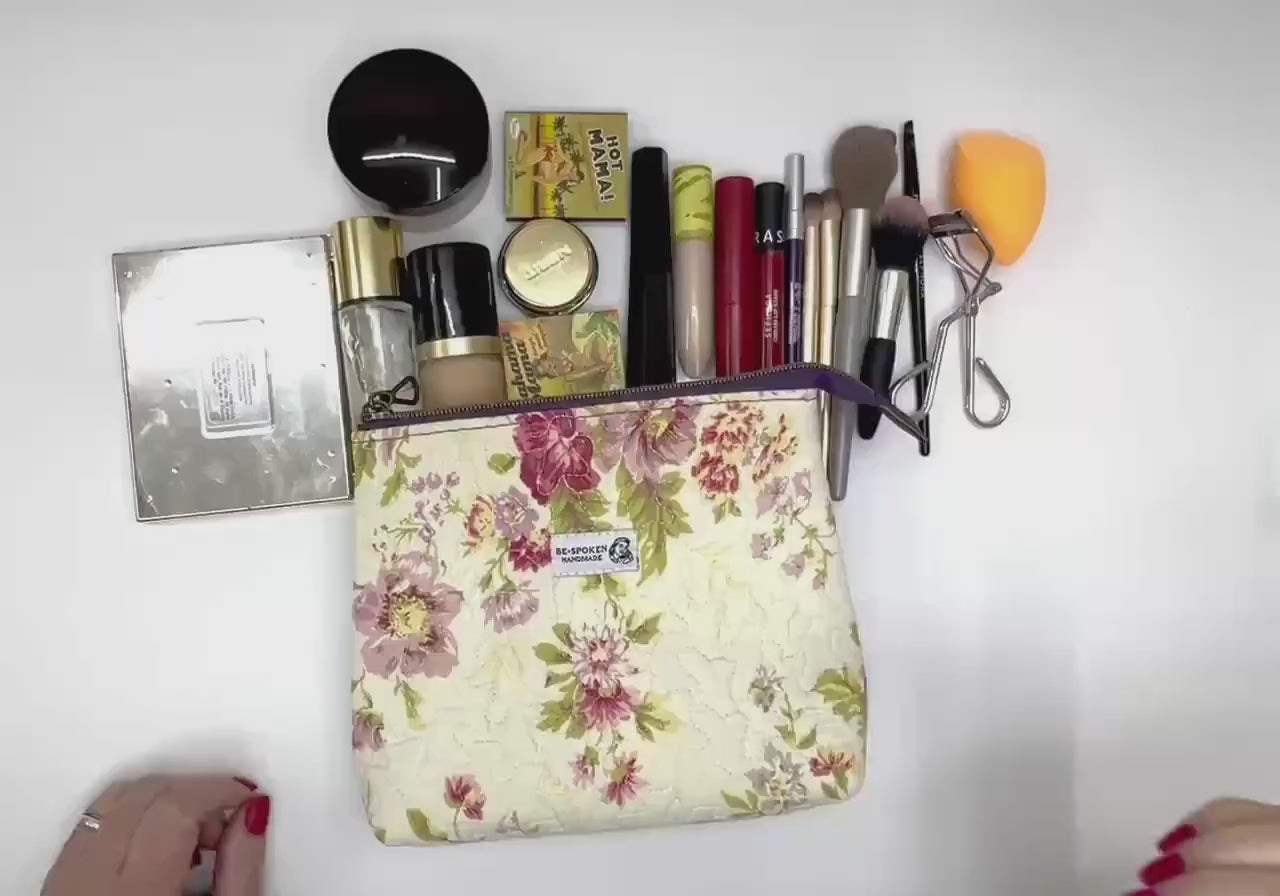 Floral Quilted Zipper Pouch | Handmade Cotton Blend Makeup Bag | Vintage Botanical Cosmetic Bag | Be•Spoken Handmade